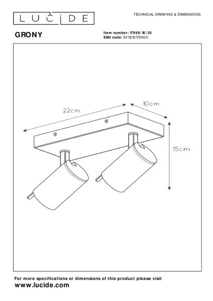 Lucide GRONY - Plafondspot - LED Dim to warm - GU10 - 2x5W 2200K/3000K - Zwart - technisch